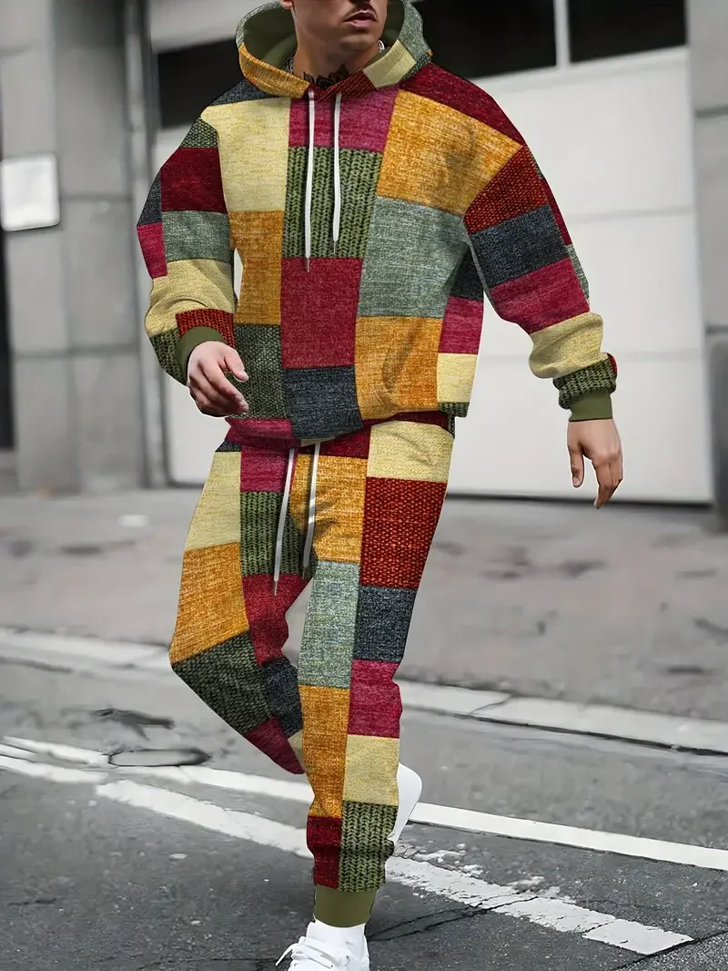 Męskie komplety dresowe z kapturem, spodnie patchworkowe z nadrukiem 3D, zestawy dwuczęściowe, streetwear, luźny krój, prostota, dres, bluza z długim rękawem.