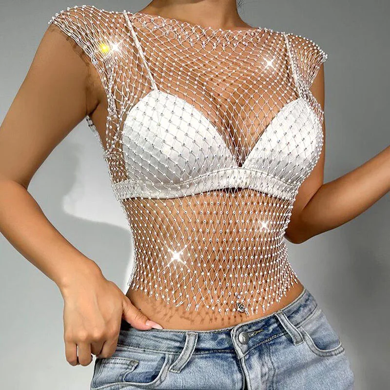 Camisetas sin mangas brillantes con cuentas de cristal para niñas, chaleco sin mangas con ombligo recortado, Club de fiesta, Sexy, ahuecado,