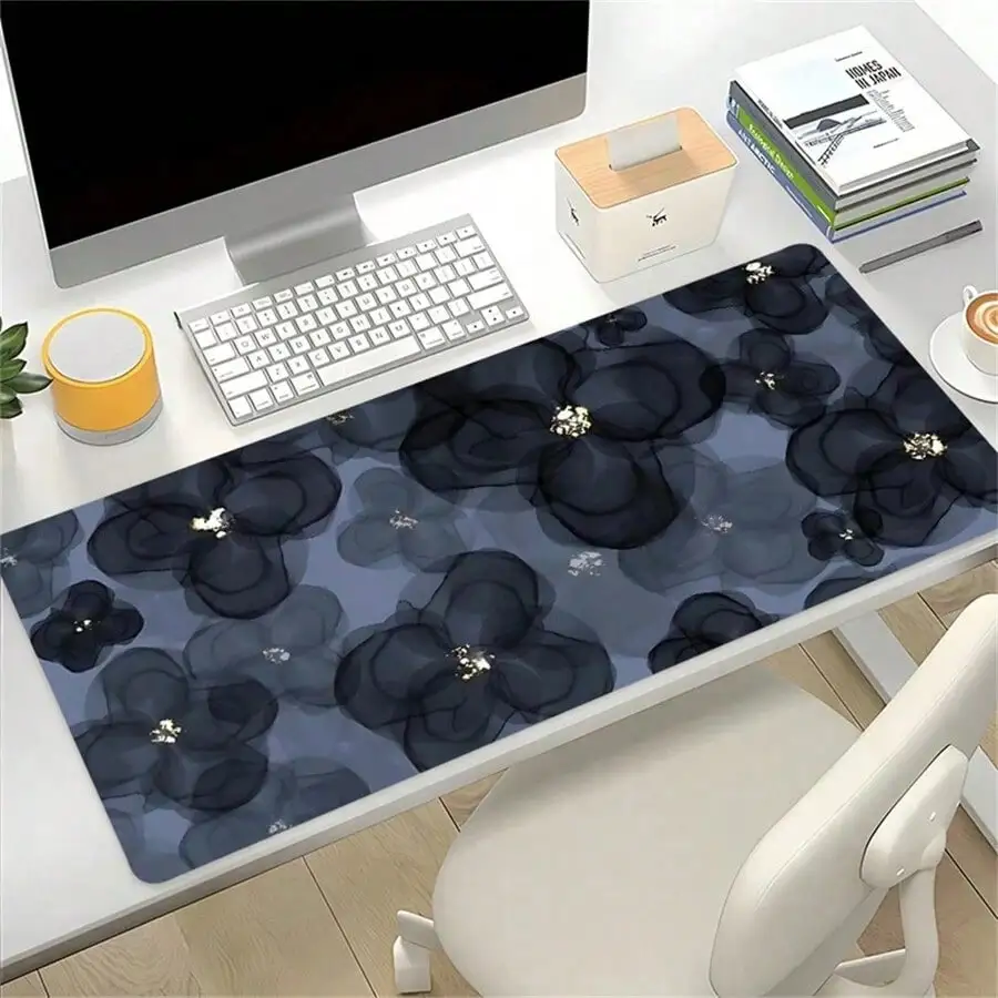 Aesthetic Black Flower Pattern Mouse Pad Art Design Large Desk Mat With Nature Non-Slip Rubber Base Stitched Edges Desk Pad Keyboard Pad 35. 4X15. 7in, For Work Game Office Home Woman Friend Gifts Back To School Gaming Mouse Pad Desk