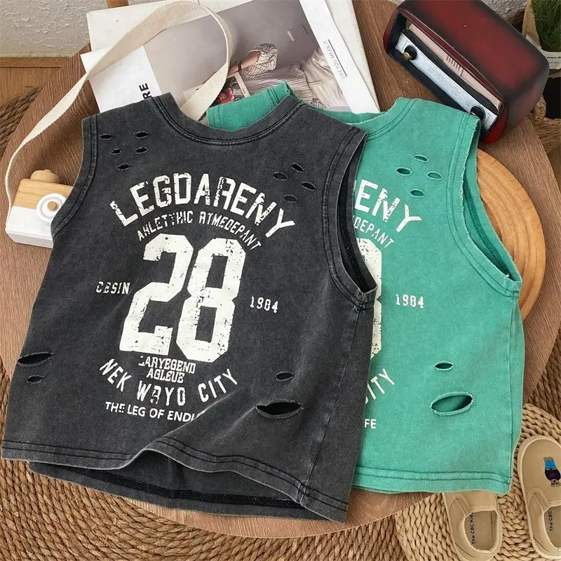 

Summer Handsome Boy New Old Black Pure Cotton Sleeveless Ripped T-shirt Loose Korean Baby Vest Top