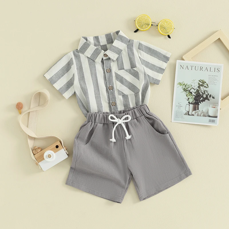 

Baby Boy Summer Clothes Striped Print Shirt Button Down Tops Solid Color Shorts Toddler Gentleman Outfit Shorts Set