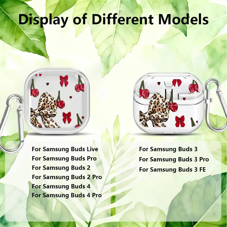 Cherry Leopard Bow Seamless Pattern Clear Earphone Cases Cover With Hook Case For Redmi Galaxy Buds 6Active 8 Lite 8Active 5 7 6
