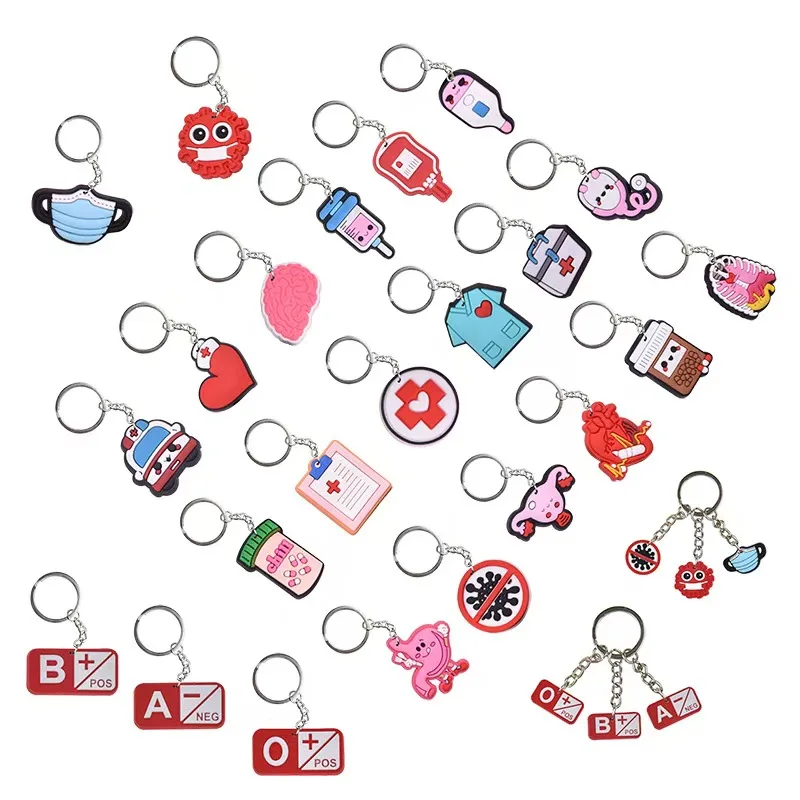 

100pcs/Lot PVC Medical Care Bag Keychain Hospital Charity Love Keyring Nurse Doctor Ambulance Needle Tubing Mask Key Chain