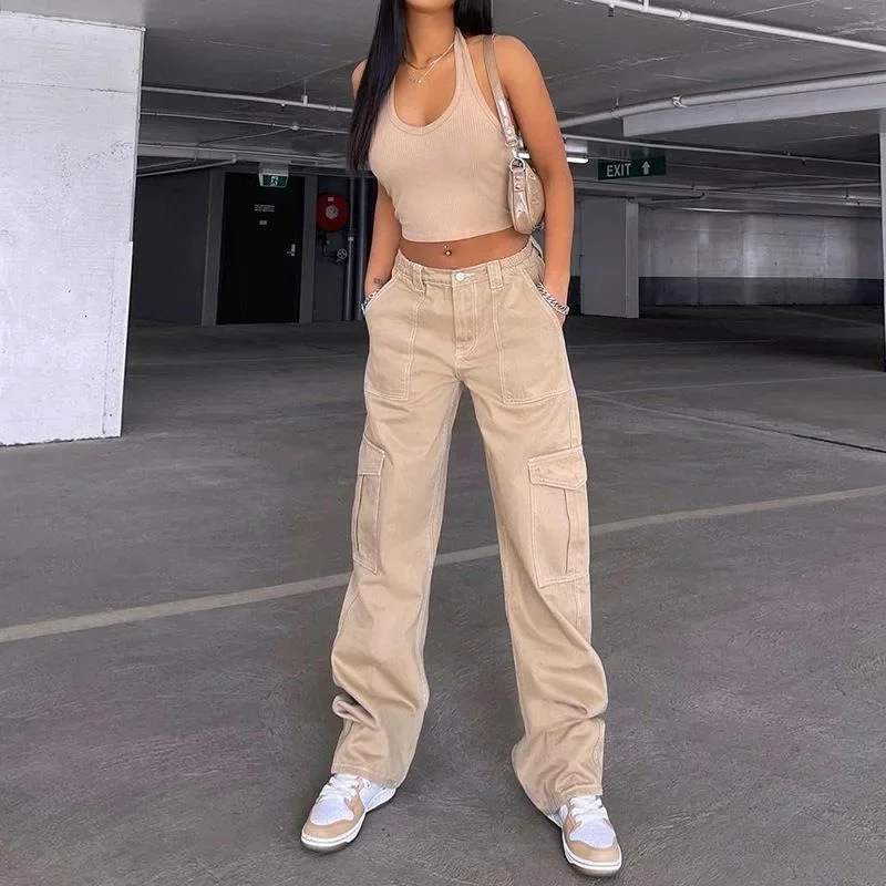 Women's Denim Pants Street Fashion Multi-Pocket Tooling Straight Pants High Waist Skinny Loose Khaki Jeans Women