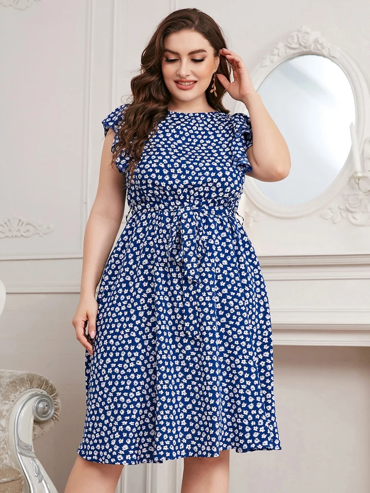 

Summer new plus size casual sleeveless dress 6XL 5XL 4XL ladies chiffon fashion belt ruffled round neck printed dress