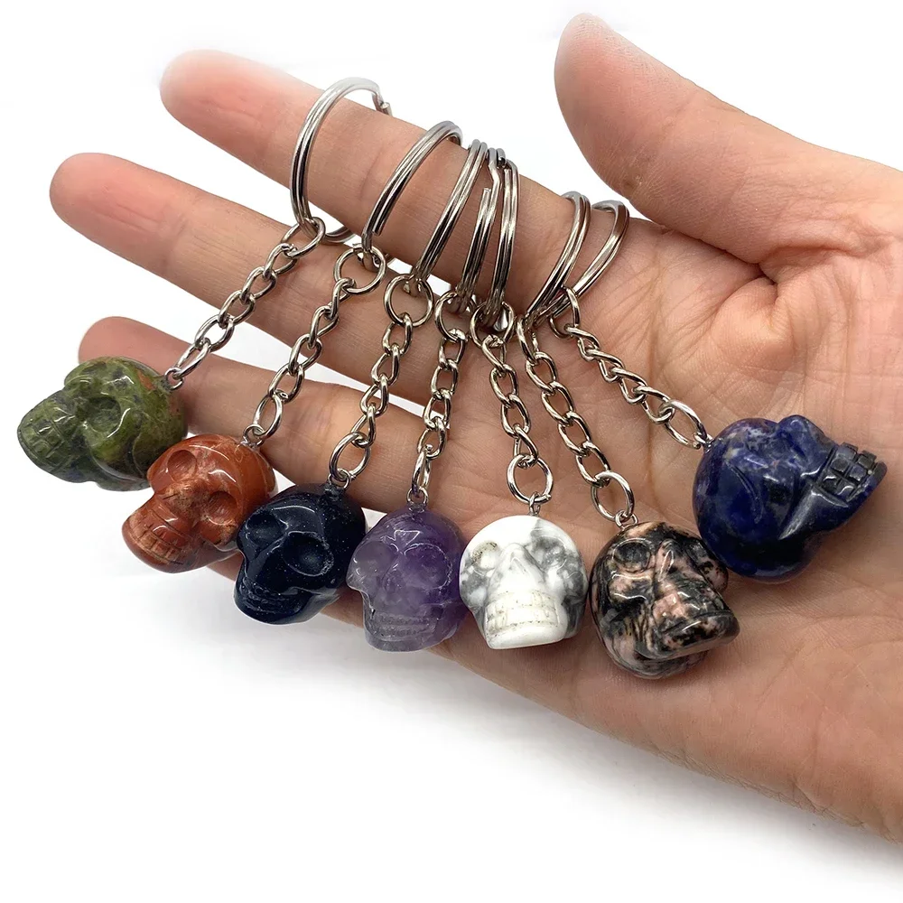 Natural Stone Amethyst Pink Crystal Keychain Pendant 18x24mm Skull Charm Keychain Halloween Christmas Gifts for Women and Men