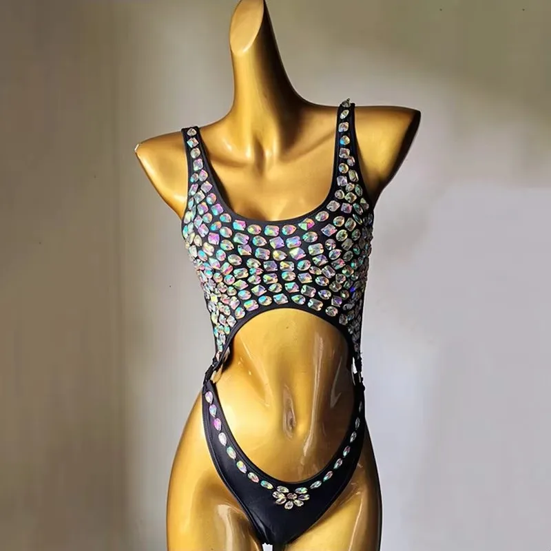 Body con diamantes de imitación para mujer, Bikini de una pieza, traje de baño Sexy para Club, DJ, equipo de baile, actuación en la playa, fiesta, club nocturno