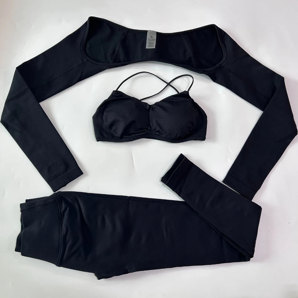 3-teiliges Leggings-Set, nahtloses Yoga-Set für Damen, Langarm-Shrug, Gym-Top, Leggings mit überkreuztem Bund, Fitness-BH, Workout-Kleidung, Sportanzug – Detail 13