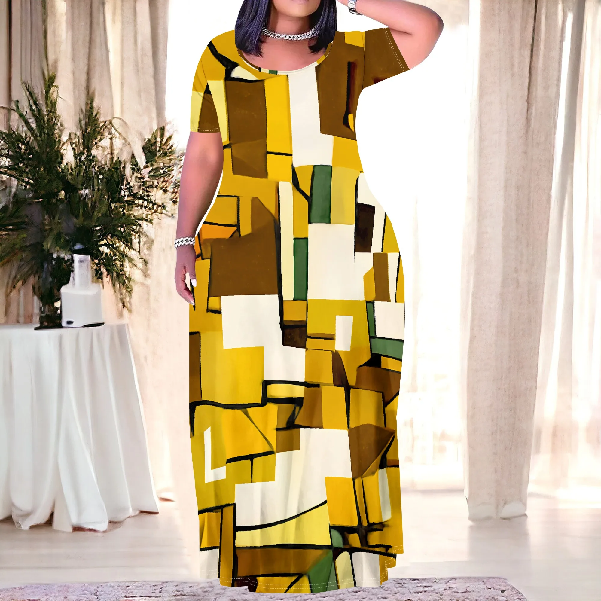 

Plus Size Geometric Print Maxi Dress XL-6XL Round Neck Short Sleeve Casual Loose Fit for Summer Vacation