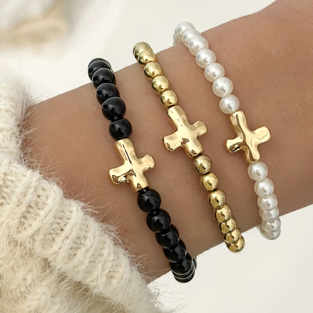 3pcs Set Fashion Imitation Pearl Simple Irregular Crucifix CCB Beaded Elastic Rope  Bracelet for Women Jewelry Accessory Gift