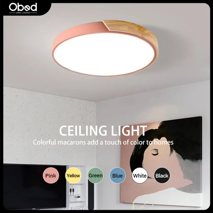 Luz de techo con borde de madera Macaron, luz LED Circular para el hogar, minimalista, diseño creativo, sala de estar, iluminación de dormitorio