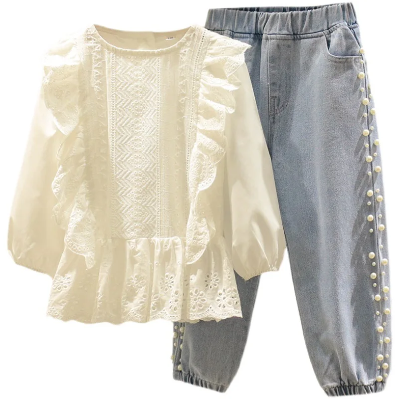 2022 Spring And Autumn Girls\' Suits Children Girls Clothes Fashion Hollow Lace Top + Pearl Jeans Two-Piece Girls Clothing Set