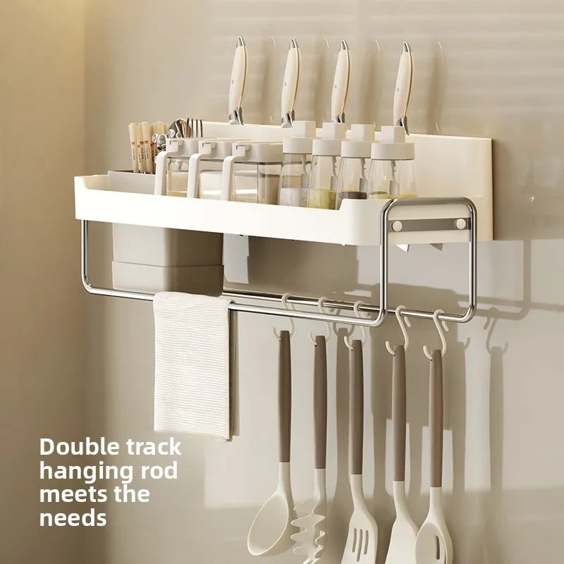 Kitchen Wall Spice Rack, Multifunctional Storage Shelf with Hooks for Utensils & Spices