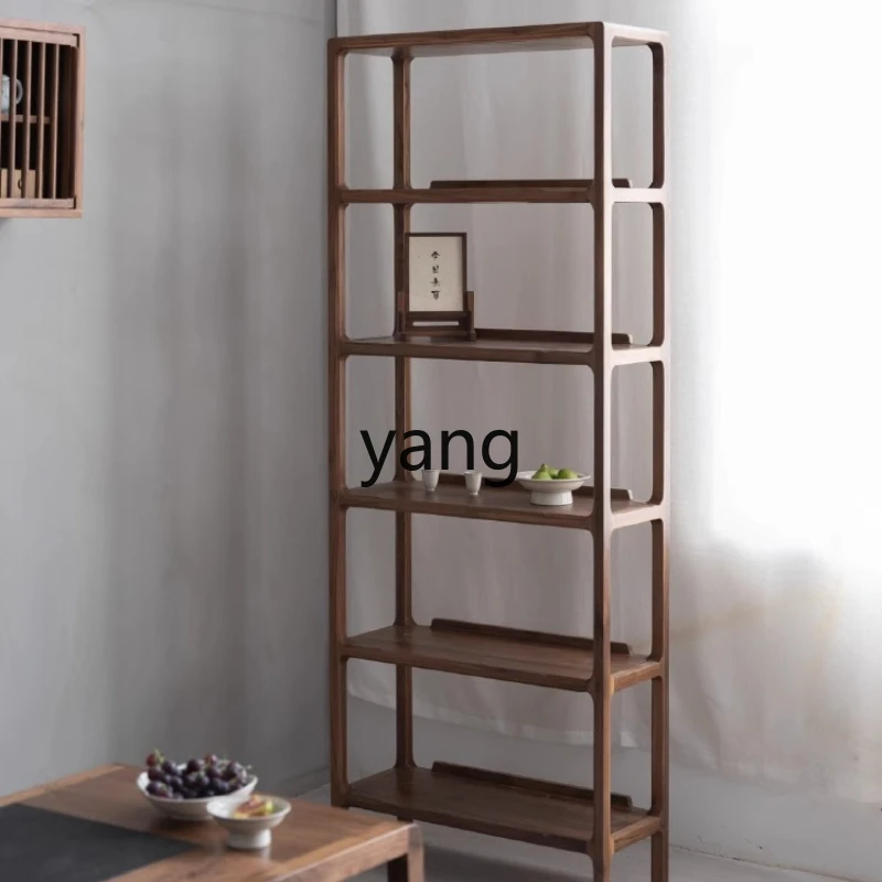 LH ,New Chinese Simple Bookshelf Black Walnut Solid Wood Multi-layer Floor Shelf