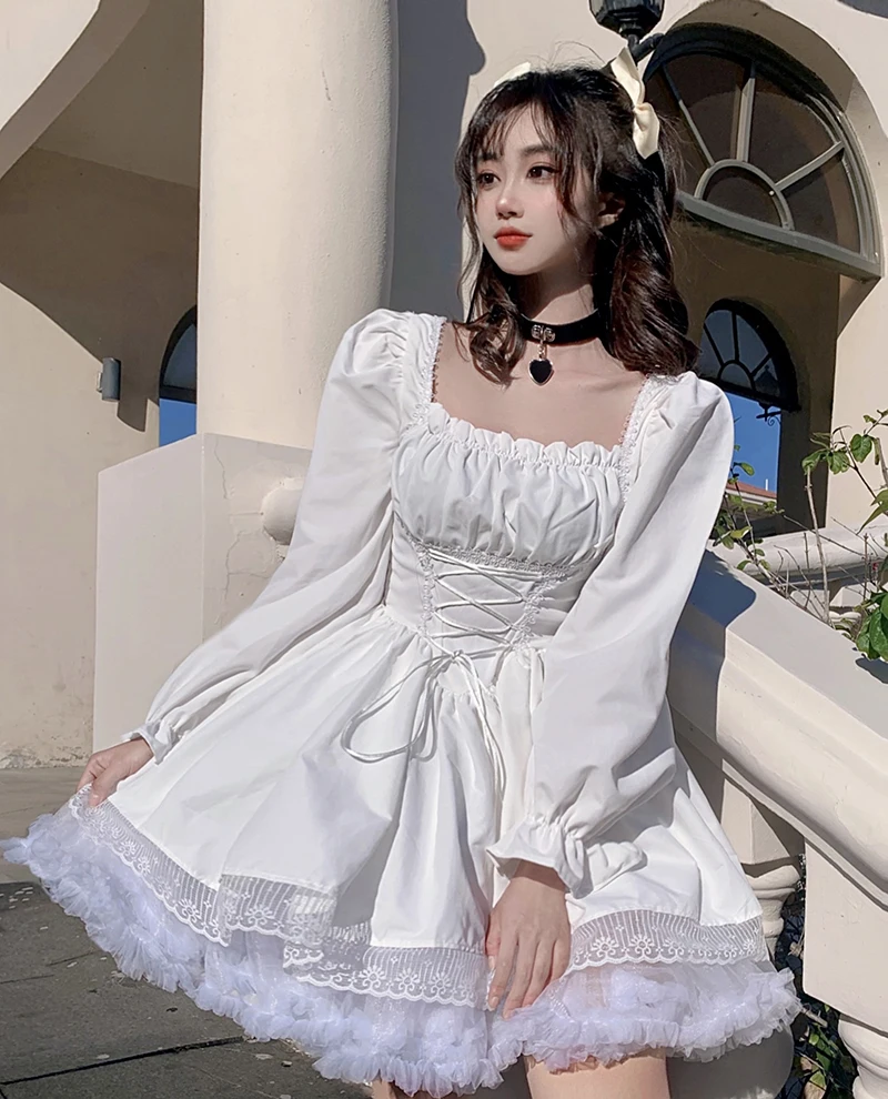 

New Vestidos Sweet Puff Sleeve Dress Y2K Square Neck Kawaii Lace Trim Partywear Lolita Cute White Princess Elegant Party Dresses