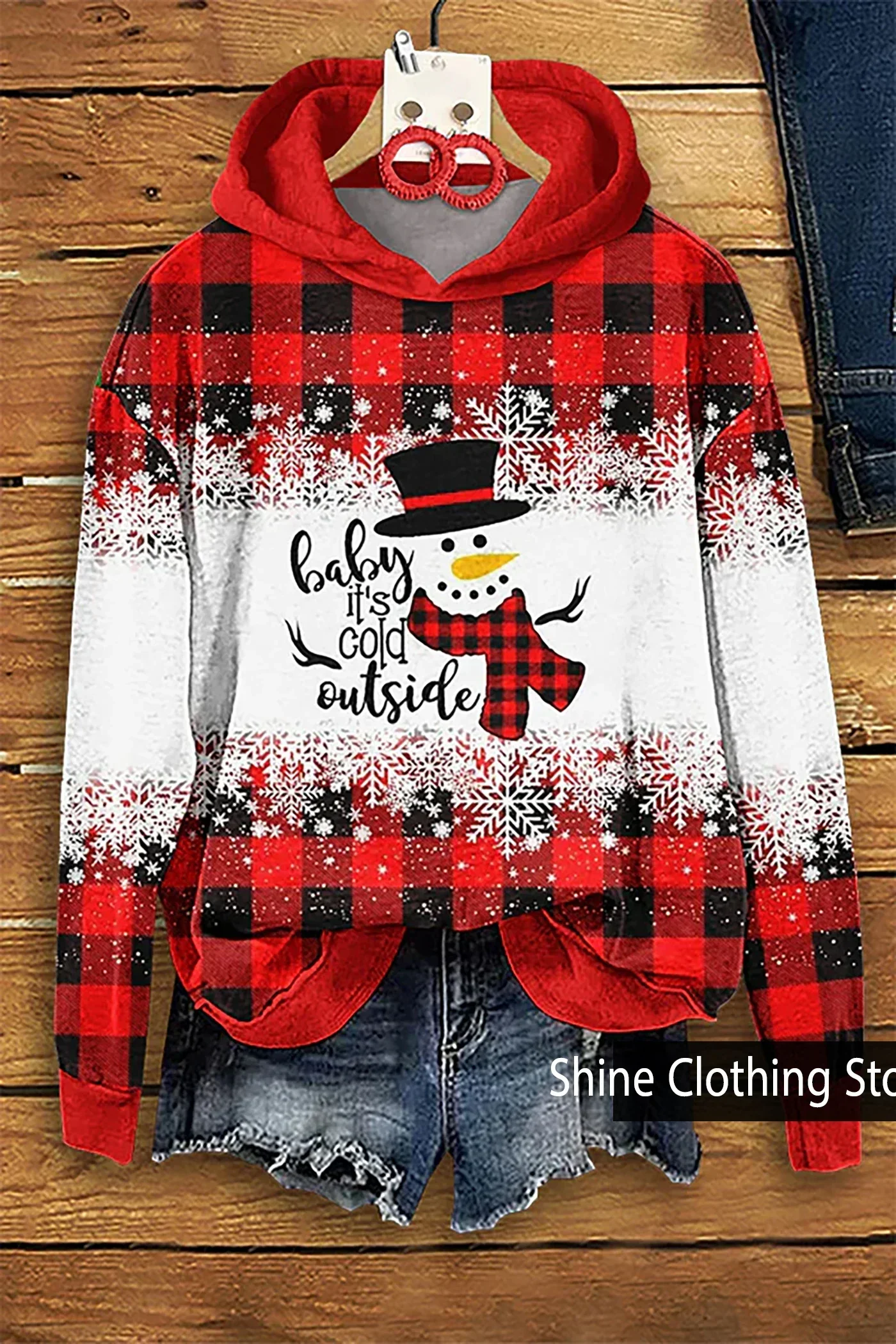 

Women's Casual Christmas Snowman Check Print Hoodie,winter Clothes Women,sudaderas Para Mujer ,hoodies Women,oversized hoodie