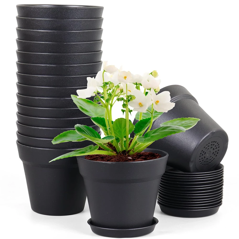 

6 Pack 7 inch Plant Pots for Indoor Outdoor Plants, Flower Pots with Drainage Holes and Saucers, Decorative Plastic Planters