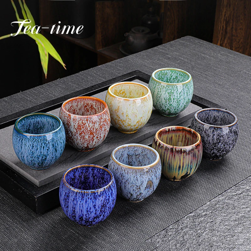 1PCS Ceramic Tea Cup Kiln Change China Temmoku Glaze Porcelain Kung Fu Cups Pottery Drinkware Tableware Water Mug Gift Wholesale