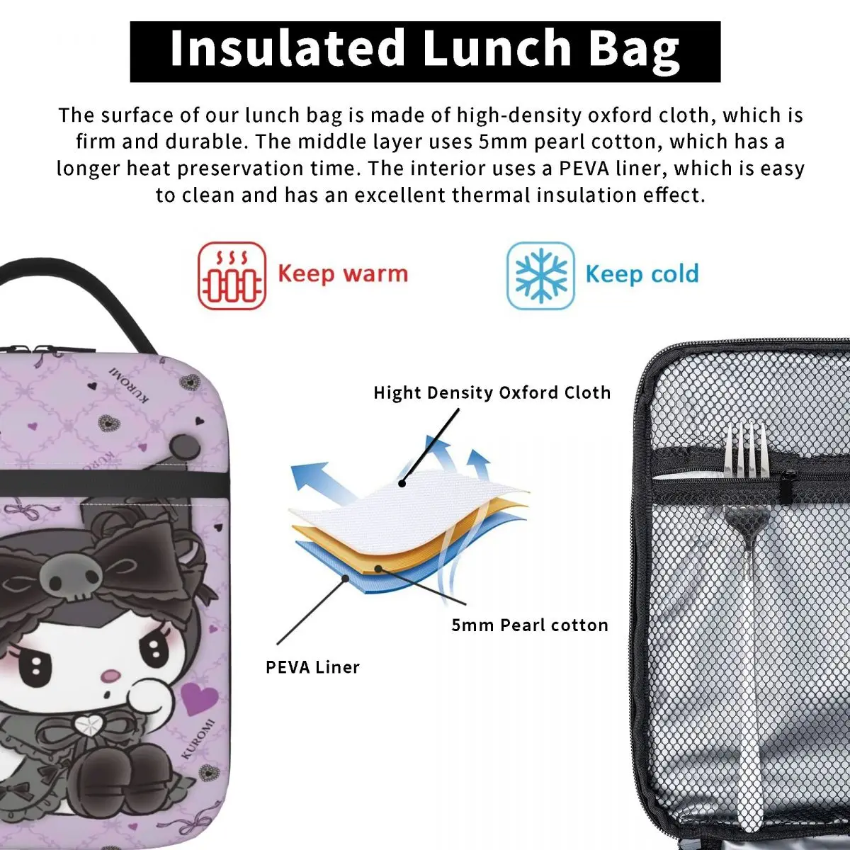 Borsa da pranzo isolata personalizzata Kuromi Cartoon per le donne borsa termica a tenuta stagna Bento Box bambini della scuola