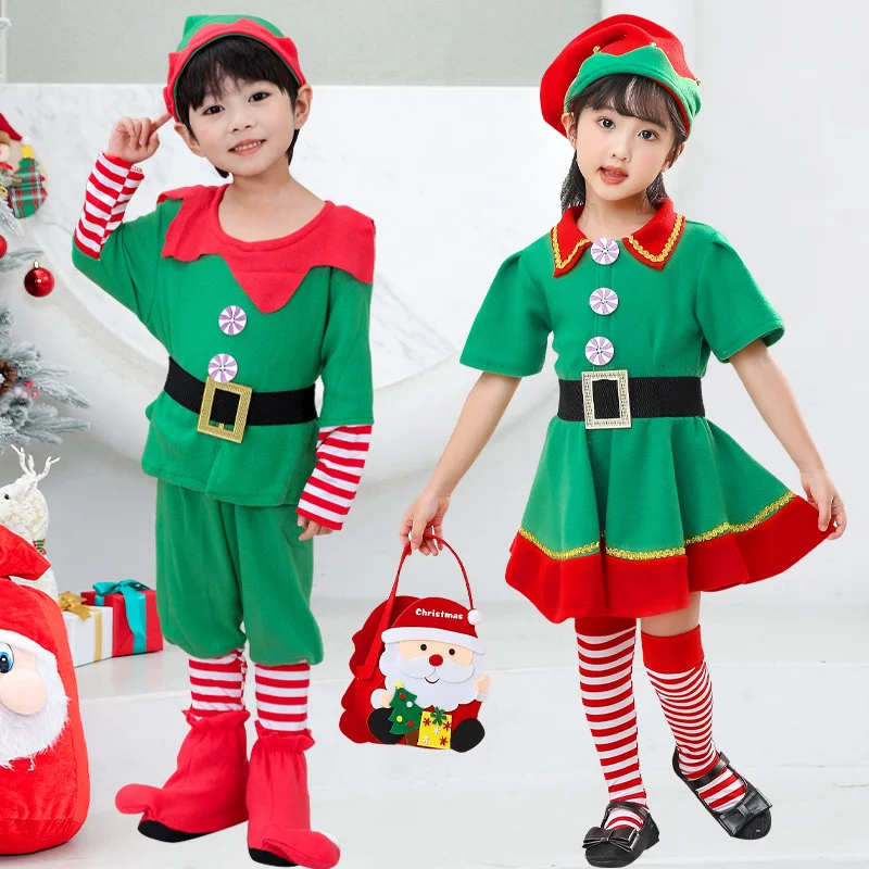 

Christmas Santa Claus Costume Green Elf Cosplay Family Carnival Party New Year Fancy Dress Clothes Set For Men Women Girls Boys