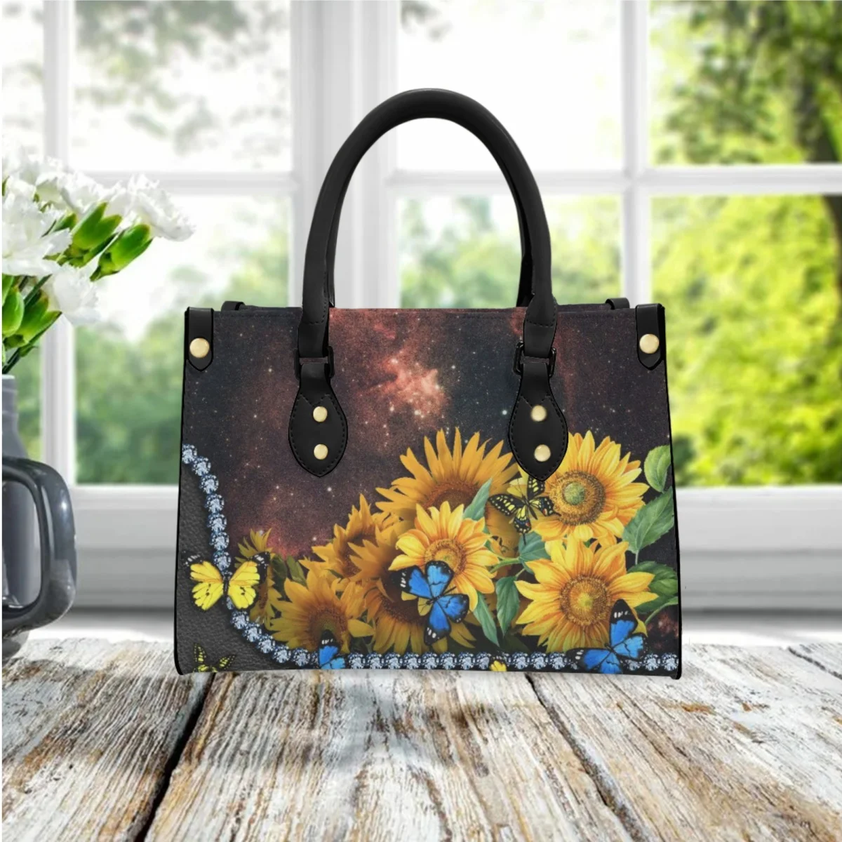 

FORUDESIGNS Multicolor Butterfly Sunflower Bags PU Leather Handbags Ladies Starry Sky Background Design Evening Bag Shopping