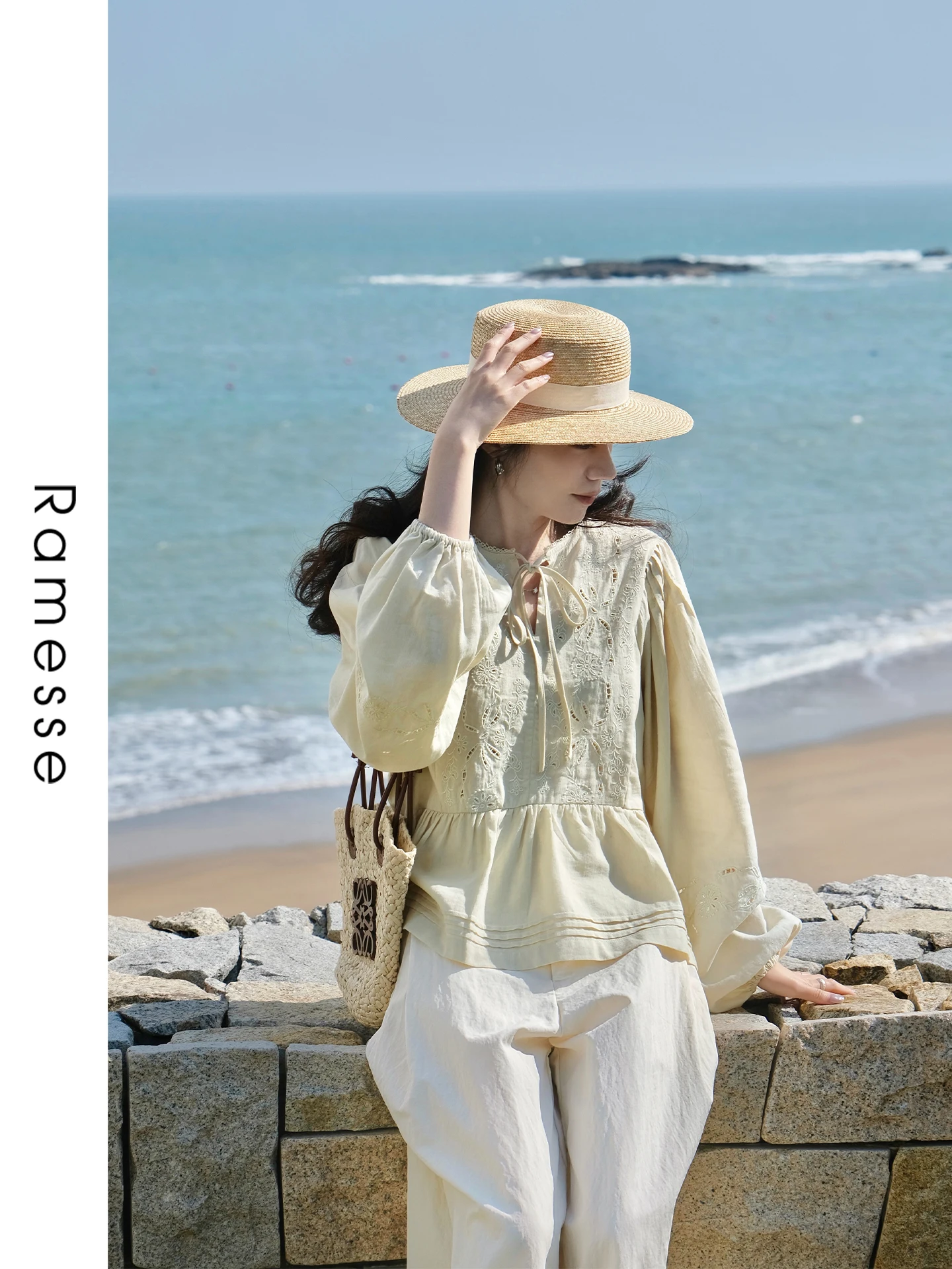 

Ramesse Mountain Wild Wind Green Linen Heavy Embroidery Tie Collar Doll Shirt Gentle Top Women's Loose Fit Long Sleeve Artist...