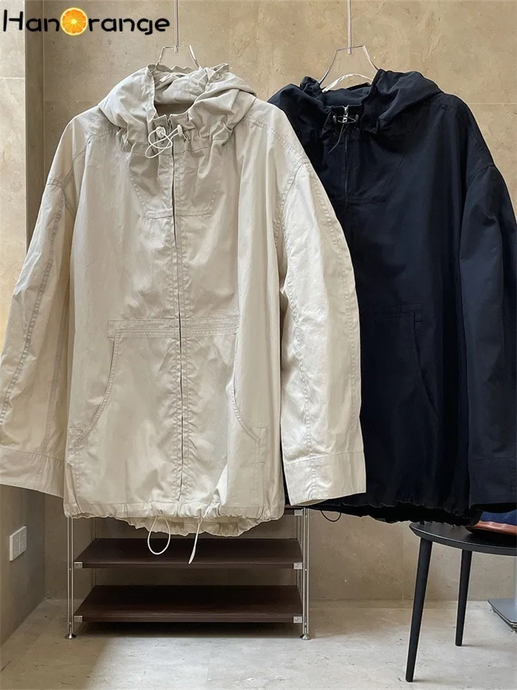 HanOrange 2025 lente herfst vrije tijd outdoor capuchon dames losse silhouet winddichte top zwart/beige