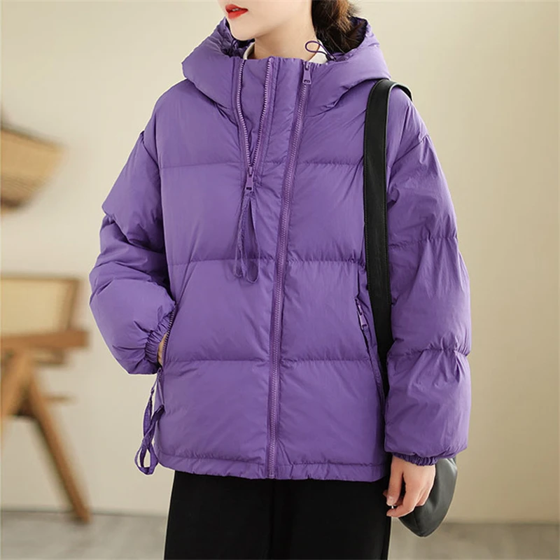 

2023 Autumn Winter Hooded Oversize Down Jacket Women Warm Thick White Duck Down Coat Ladies Slim Puffer Parkas Short Outwears