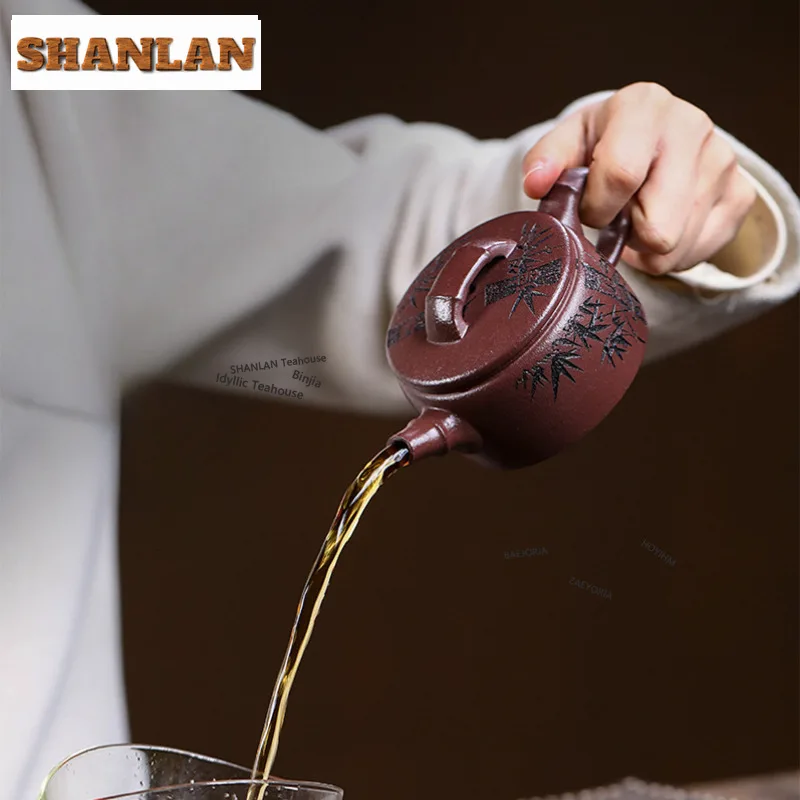 HOYIHM 160ml Creative Yixing Purple Clay Teapots Handmade Fragrant Bamboo Pot Raw Ore Purple Mud Tea Making Kettle Zisha Tea Set