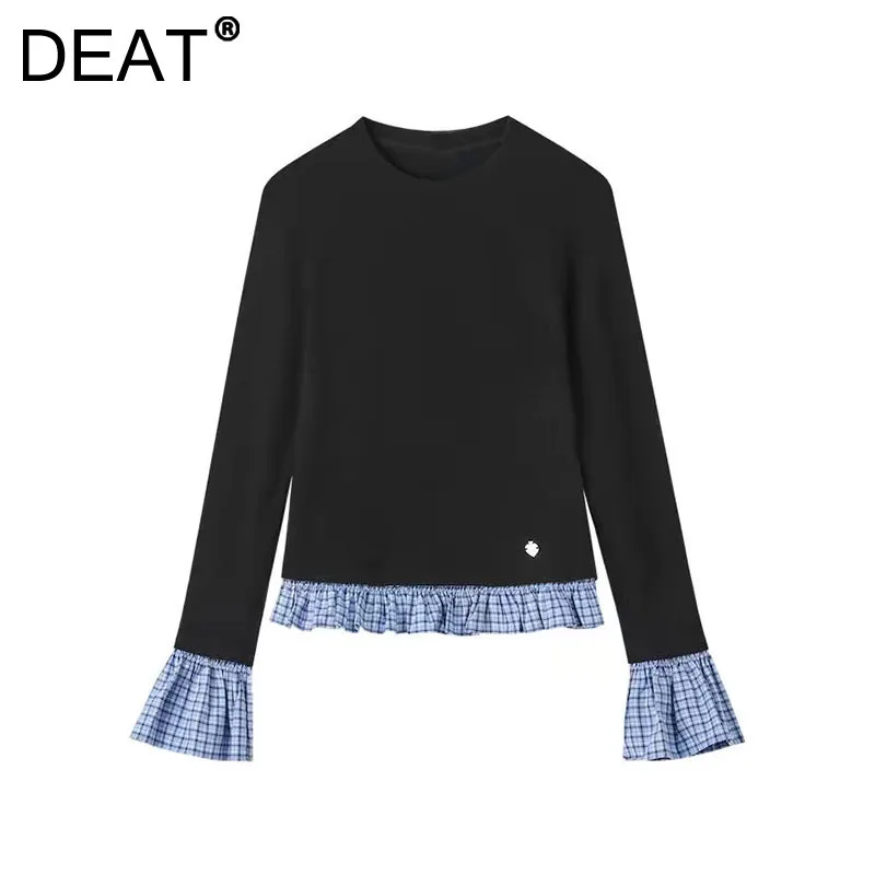 DEAT Women's T-shirt Fake 2 Pcs Raglan Sleeve Spliced Blue Plaid Ruffles Edge Bottoming Shirt 2024 New Autumn Fashion 11A01446