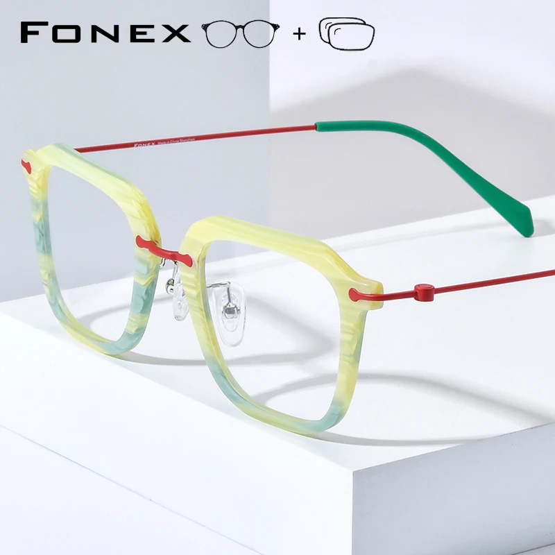 FONEX Progressive Prescription Eyeglasses Custom Anti Blue Myopia Optical Lenses Eyewear Men Square Glasses Acetate Frames 85843