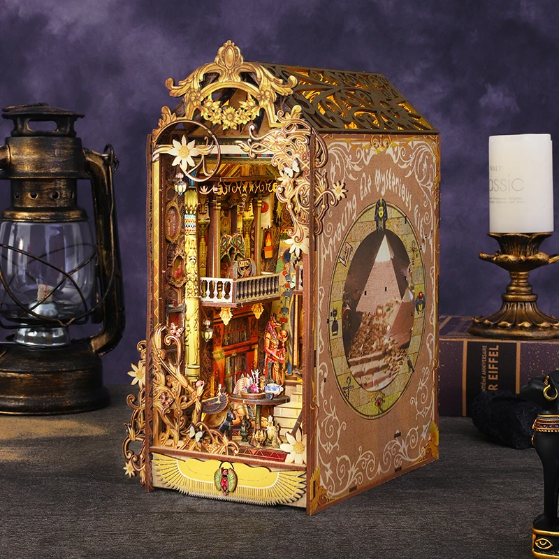 مجموعة رف الكتب ثلاثية الأبعاد بيت الدمى الخشبي لتقوم بها بنفسك مجموعة زاوية الكتب تجميع لغز حامل الكتب المنزل مع نموذج بناء الضوء ألعاب هدايا عيد الميلاد