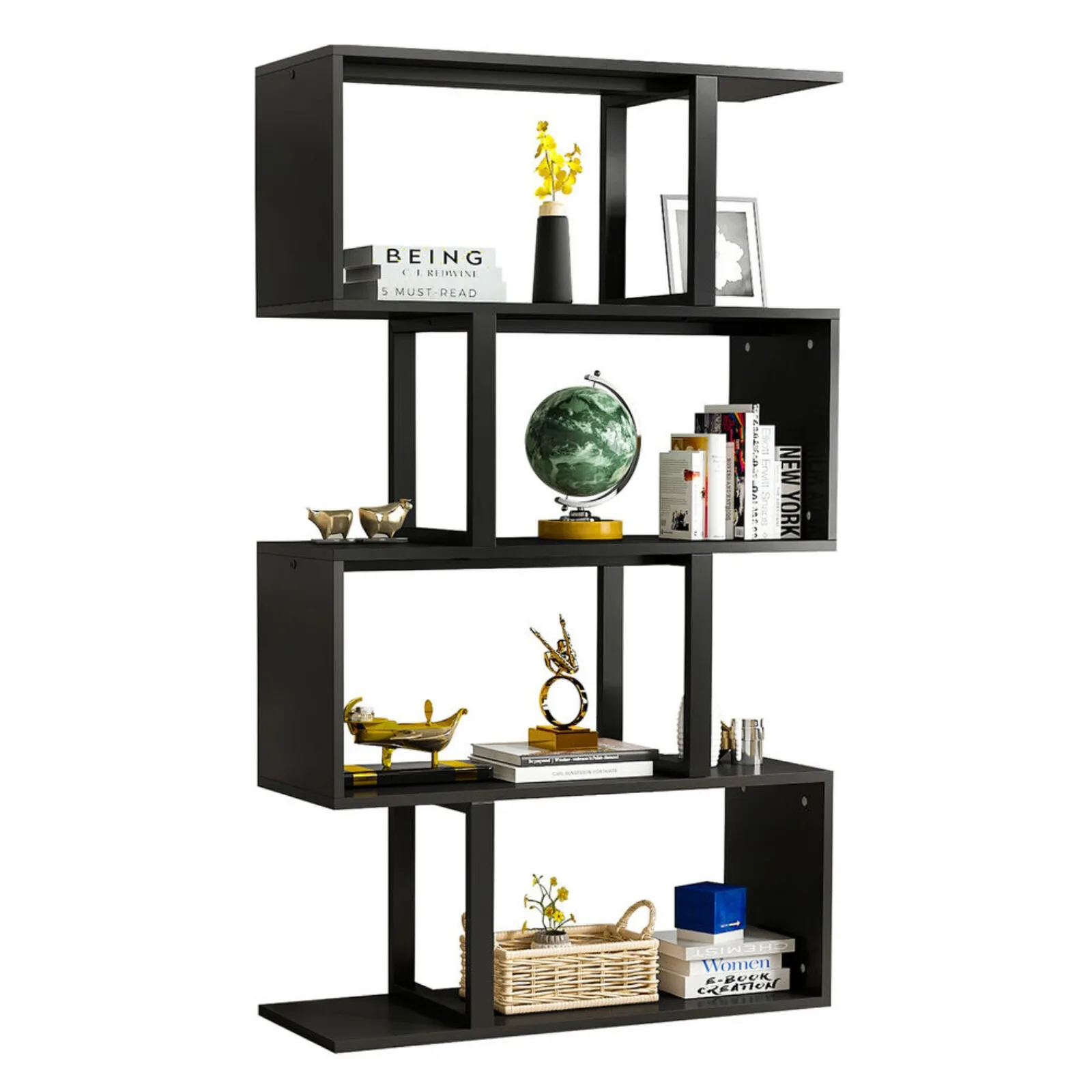 5 Tier Wood Geometric Bookcase S-Shaped Display Bookshelf Storage Room Divider United States