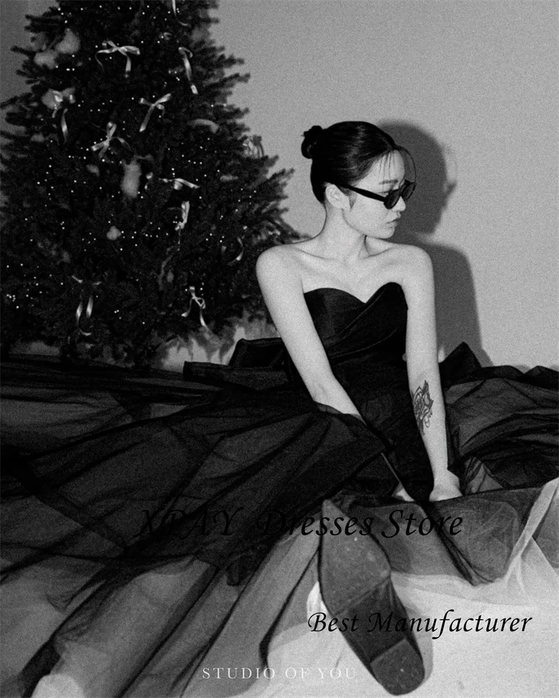 

XPAY Black Tulle Evening Party Dresses Korea Photo shoot Sweetheart Floor Length Prom Gowns Wedding Party Customized Corset