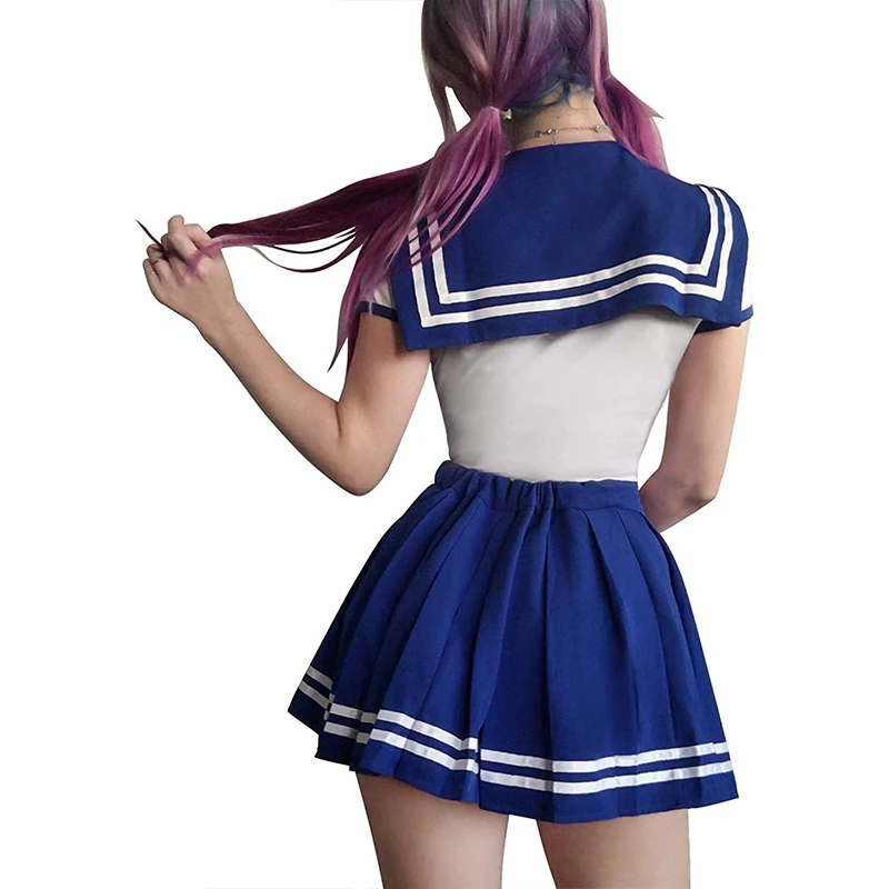 Cosplay Cute Girl Sailor Cotton Romper Short Sleeved Onesie Pajamas Bodysuit Pleated Skirt Set Sissy COS Party Sexy Costume