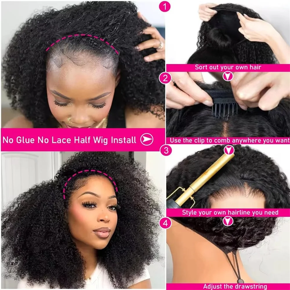 Kinky Curly Human Hair Half Wig Glueless Wig Headband Wig Upgrade 3 IN 1 Half Wig With Drawstring Seamless Clips Wig For Women