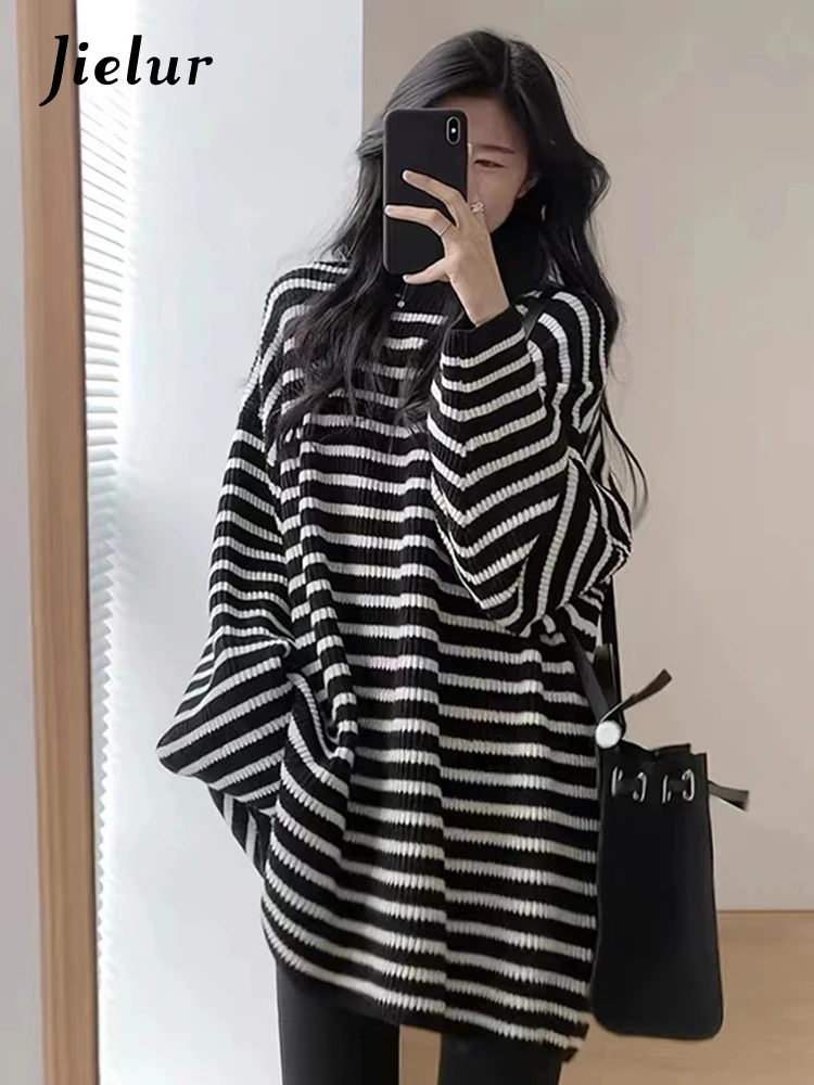 

Jielur utumn New Casual Loose T-shirts Woman Black Street Slim Chicly T-shirts Women Retro Knit Stripe Long-sleeved Top Female