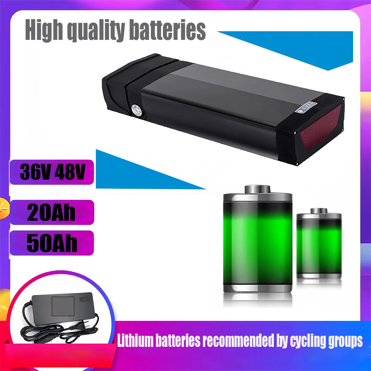 Rear Rack Batteria Pack For 2000W 1500W 1000W 750W 500W 350W Motor + Charger 52V 48V 36V Original High Quality 20AH 40AH 50AH