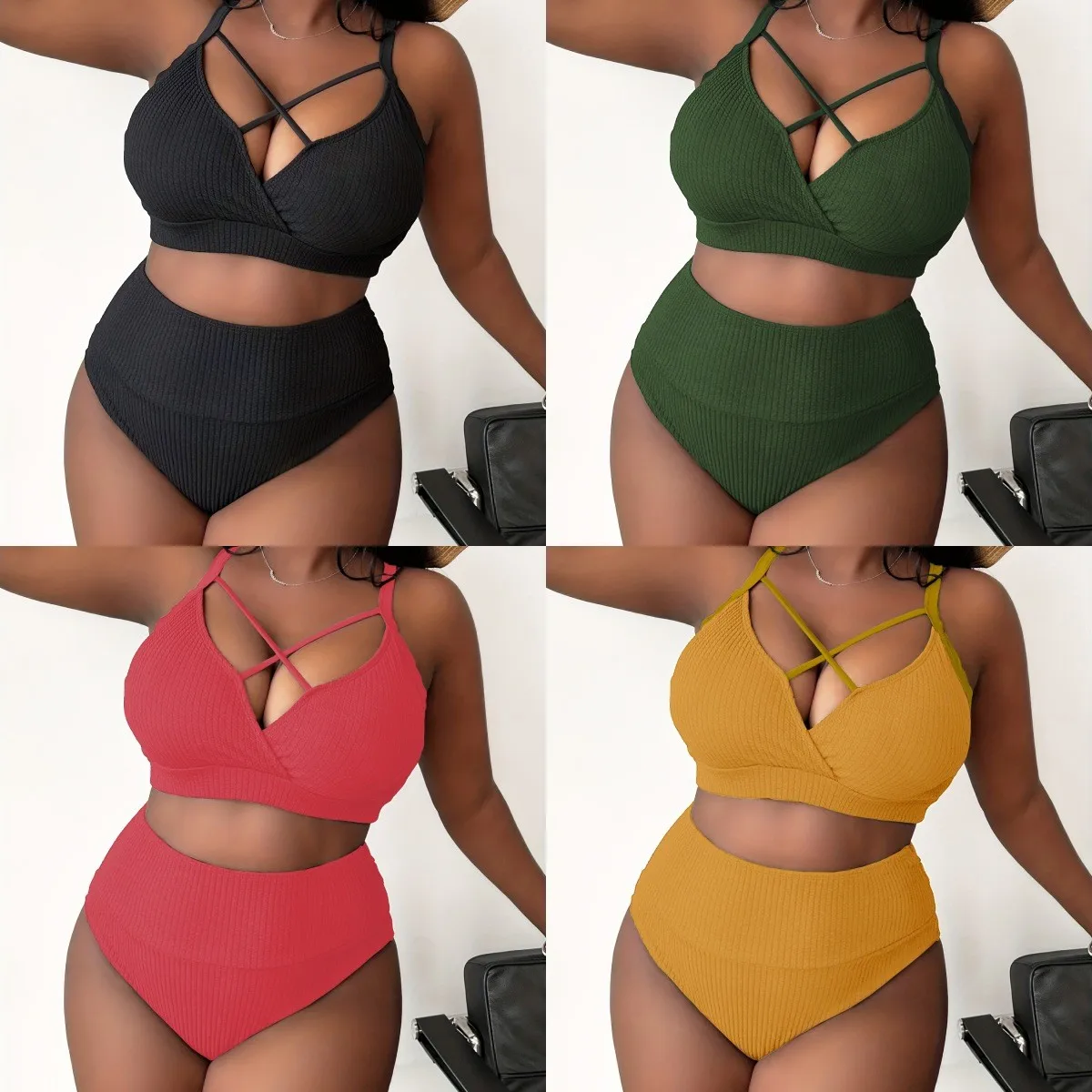 

Woman 2026 Bikini High Waist Bottom Cross Front Top Bikinis Black Ribbed Swimwear Cropped Thin Straps Two Piece Swimsuit