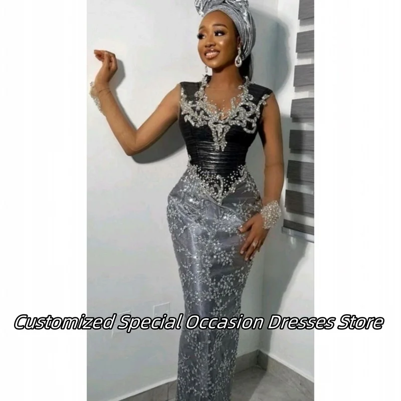 

See Through Sleeves Evening Dresses For Black Girls Delicate Lace Applique Aso Ebi Long Mermaid Prom Dress Party Gown Customized