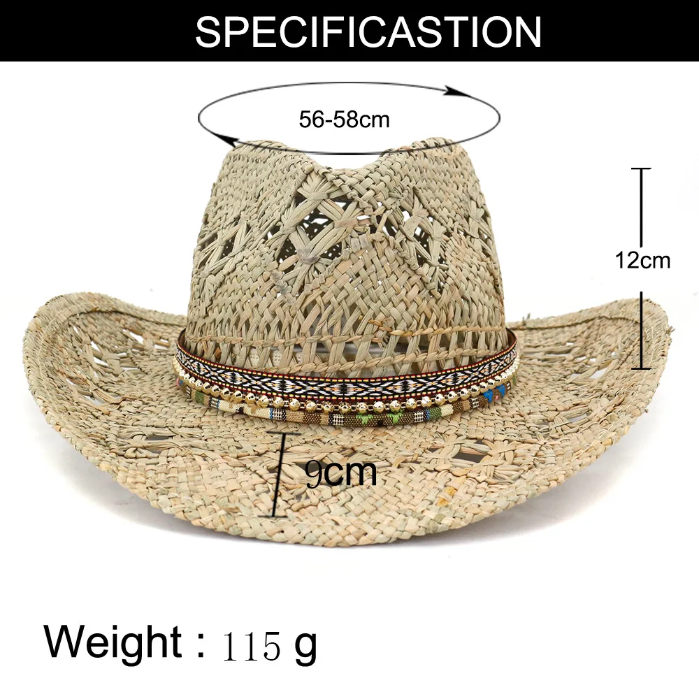 Natural Grass Handwoven Hollow Cowboy Straw Hat Rhinestone Chain Cowboy Hat for Woman Outdoor Vacation Beach Sun Hat for man