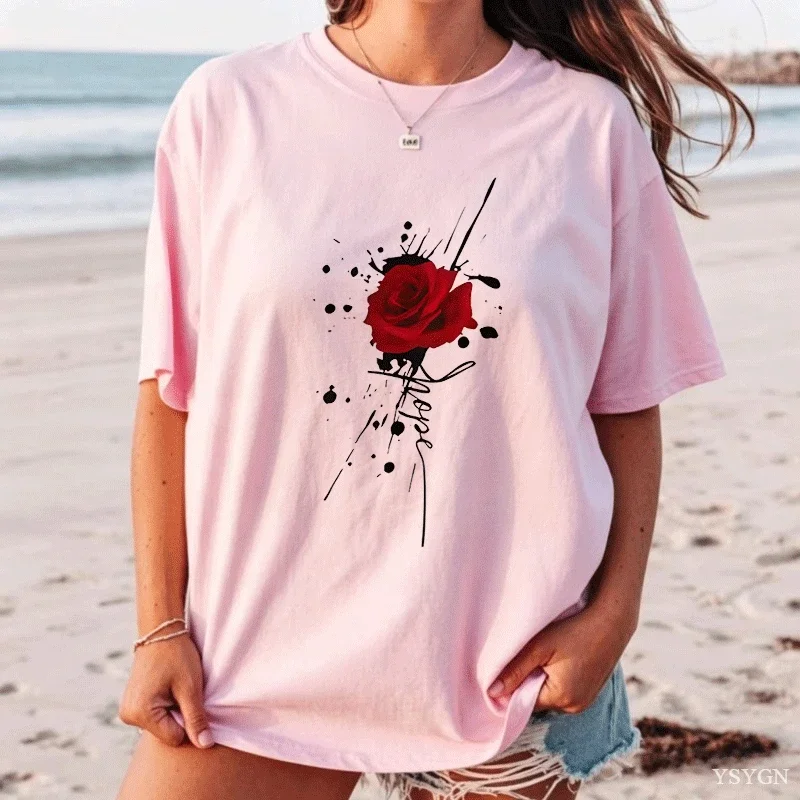 Red Rose Splash Art Women Front Print T Shirt Floral Handwriting Graphic Tee Casual Short Sleeve Top Romantic Gift for Men Tops