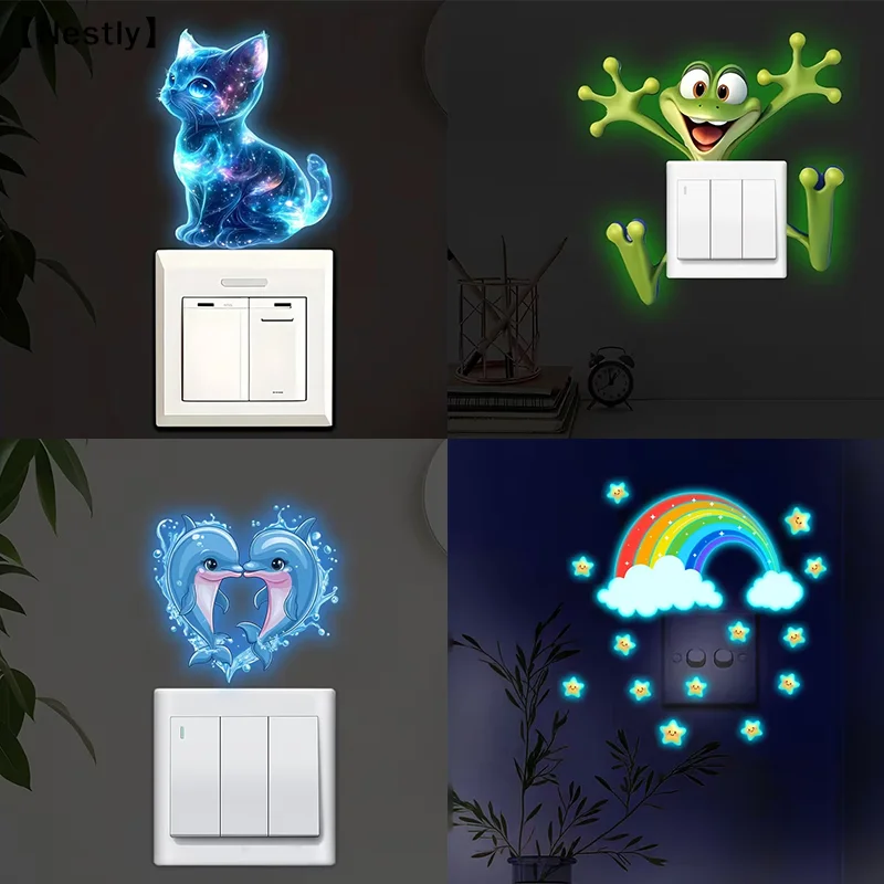 Im Dunkeln leuchtender Schalteraufkleber, Frosch-Katzen-Design, selbstklebende, abnehmbare PVC-Schalterdekoration für Zuhause, Badezimmer, Schlafzimmer〔Nest〕