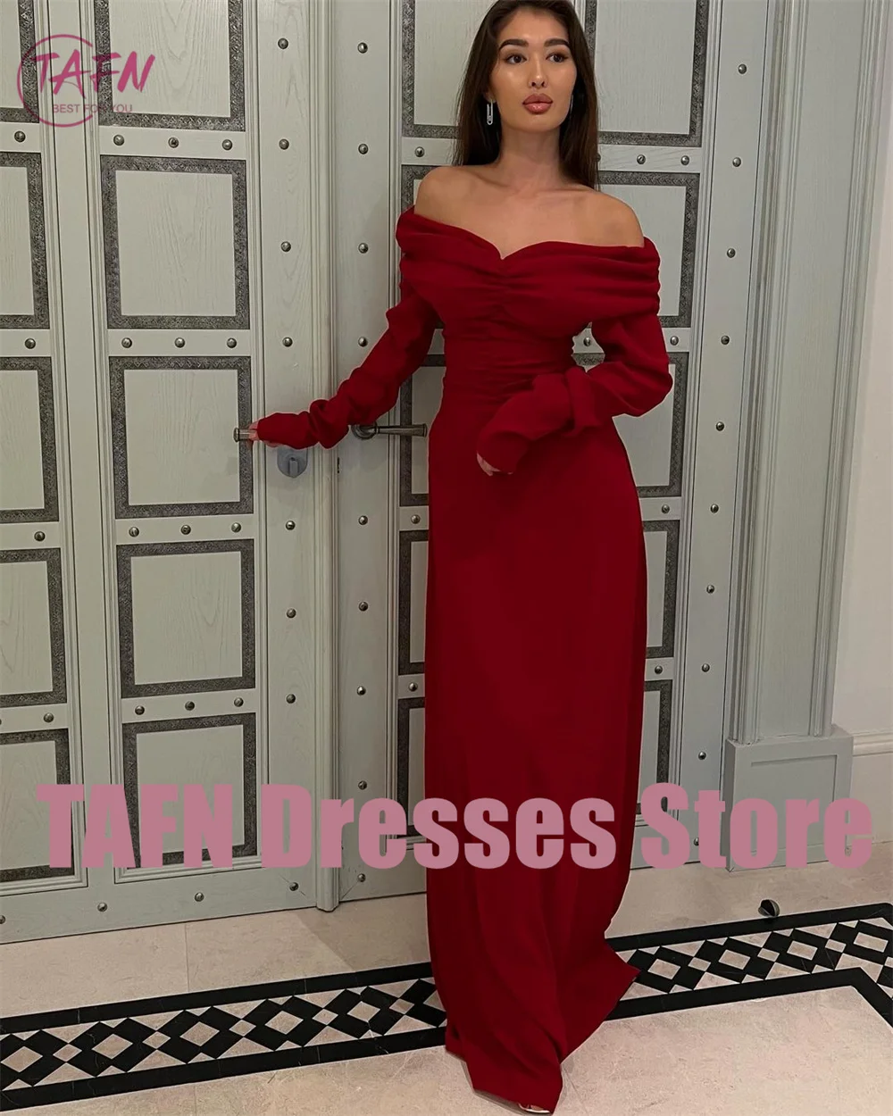 TAFN Red Formal Evening Dresses for Women Off the Shoulder Long Sleeves Prom Party Gown vestidos de fiesta Custom Made