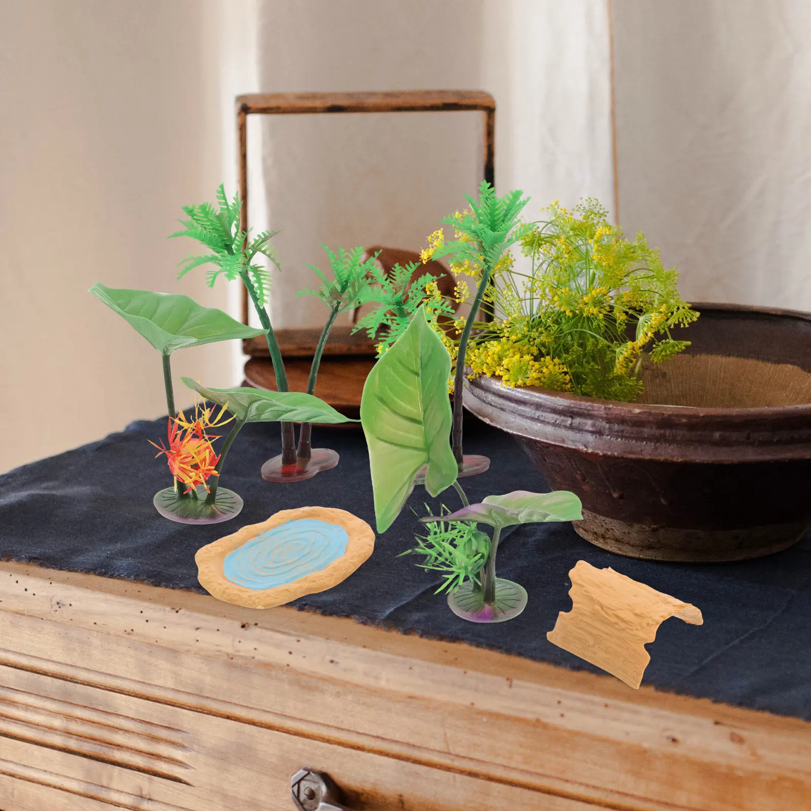 1Set Realistic Miniature Pond Set Artificial Trees Lily Pads Wooden Block for Fairy Garden Micro Landscape Zen Decor Floating