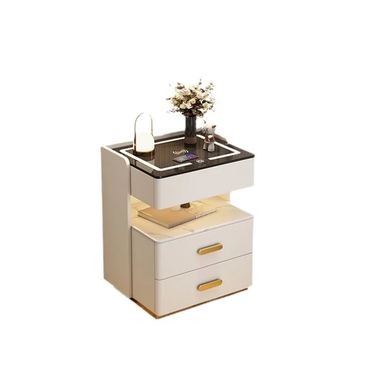 

Light luxury solid wood smart bedside table, simple modern home bedroom rock slab cabinet