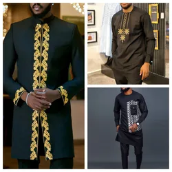 Conjunto de ropa africana para hombre, traje Dashiki de 2 piezas, Top de manga corta con costuras de Color sólido y pantalones para fiesta y negocios, Verano