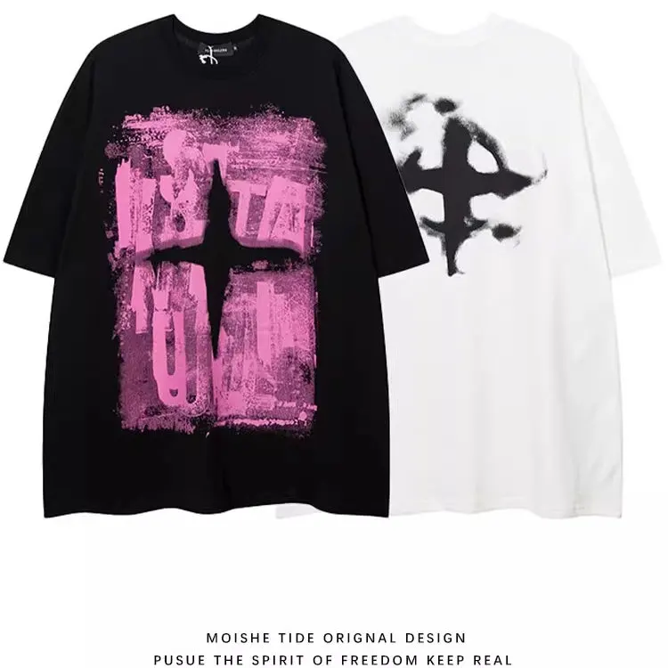 

Loose Fit Men's ort Sve T-irt k Print Hip Hop Casual Five Inch mid Sve American High Street Sle Summer Wear