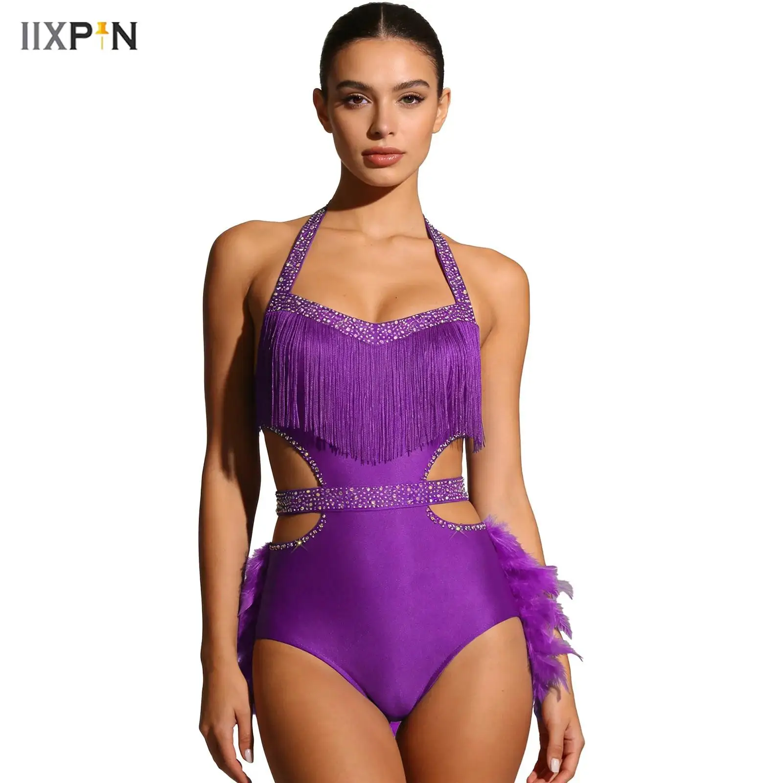 

Womens Glittery Rhinestone Latin Rumba Samba Dance Bodysuit Halter Backless Sleeveless Faux Feather Accents Leotard Jumpsuit
