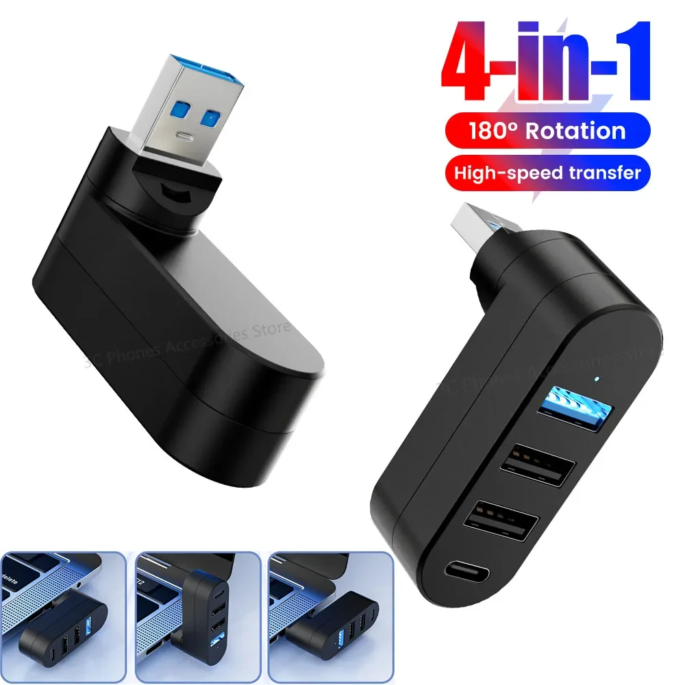 Drehbarer USB-HUB, USB 3.0 2.0 Typ C HUB, USB-Splitter, 4 Anschlüsse, mehrere Expander für Computer, Laptop, MacBook, U-Disk-Datenübertragung